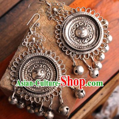 Chinese Traditional Embroidery Accessories Handmade Miao Sliver Bells Earrings for Women