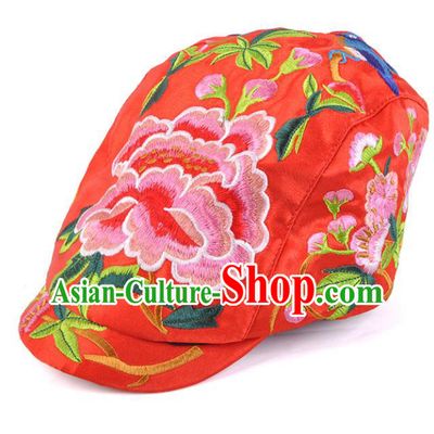 Chinese Traditional Embroidery Casquette Accessories Handmade Embroidered Peony Red Caps for Women