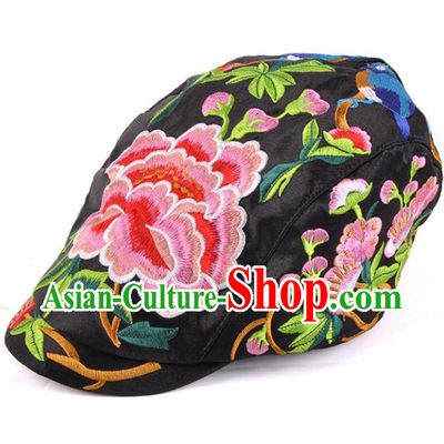 Chinese Traditional Embroidery Casquette Accessories Handmade Embroidered Peony Black Caps for Women