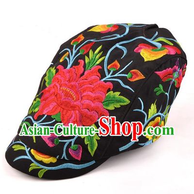 Chinese Traditional Embroidery Black Casquette Accessories Handmade Embroidered Peony Caps for Women