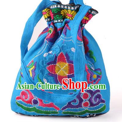 Chinese Traditional Embroidery Craft Embroidered Blue Pocket Bags Handmade Handbag for Women