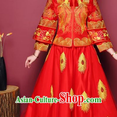 Chinese Traditional Wedding Dress Costume Red Bottom Drawer, China Ancient Bride Embroidered Phoenix Xiuhe Suit Clothing for Women