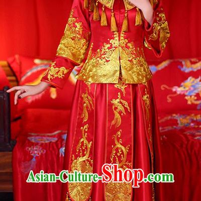 Chinese Traditional Wedding Dress Costume Golden Tassel Bottom Drawer, China Ancient Bride Embroidered Xiuhe Suit for Women
