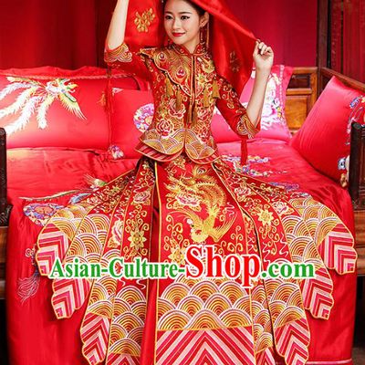 Chinese Traditional Bride Toast Clothing Embroidered Red Xiuhe Suits Ancient Bottom Drawer Wedding Costumes for Women