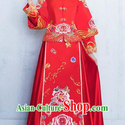 Chinese Traditional Bride Toast Clothing Embroidery Peony Red Xiuhe Suits Ancient Bottom Drawer Wedding Costumes for Women