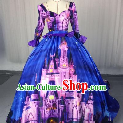 Top Grade Stage Performance Costumes Renaissance Catwalks Palace Blue Full Dress Modern Fancywork Clothing for Women
