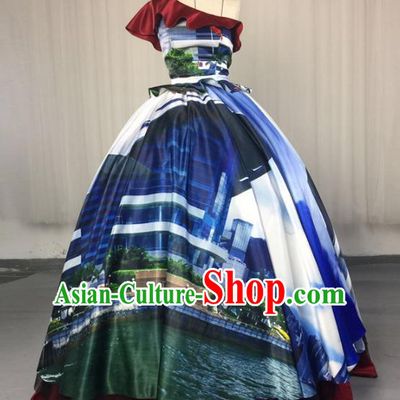 Top Grade Stage Performance Costumes Renaissance Catwalks Printing Full Dress Modern Fancywork Clothing for Women