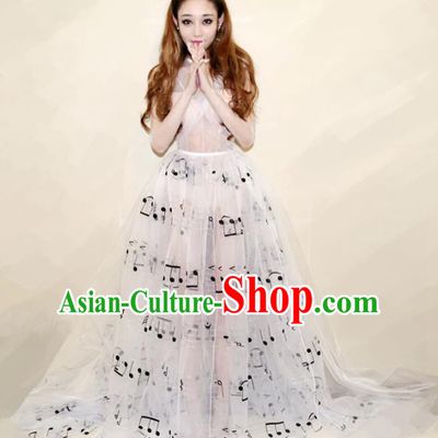 Top Grade Stage Performance Costumes Catwalks White Full Dress Modern Fancywork Clothing for Women