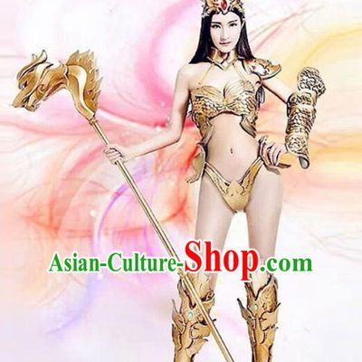 Top Grade Stage Performance Golden Costumes Halloween Cosplay Modern Fancywork Clothing and Headwear for Women