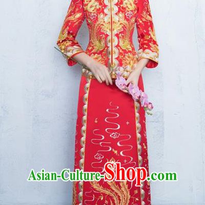 Chinese Traditional Embroidered Xiuhe Suits Bride Red Full Dress Ancient Embroidery Phoenix Bottom Drawer Wedding Costumes for Women