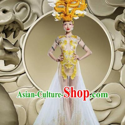 Top Grade Stage Performance Costumes China Style Modern Fancywork White Full Dress and Headwear for Women