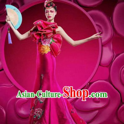 Top Grade Stage Performance Costumes China Style Modern Fancywork Rosy Full Dress and Headwear for Women