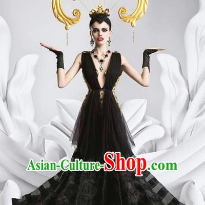 Top Grade Stage Performance Costumes Baroque Modern Fancywork Black Full Dress and Headwear for Women