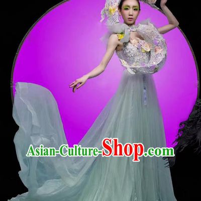 Top Grade Stage Performance Costumes Modern Fancywork Green Veil Full Dress and Headpiece for Women
