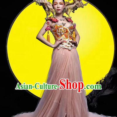 Top Grade Stage Performance Costumes Modern Fancywork Pink Veil Full Dress and Headdress for Women