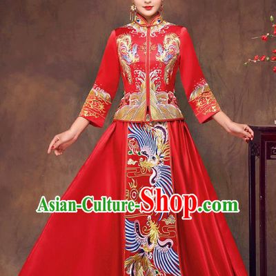 Chinese Ancient Wedding Costume Bride Toast Clothing, China Traditional Delicate Embroidered Phoenix Red Dress Xiuhe Suits for Women