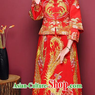 Chinese Traditional Wedding Costume, China Ancient Bride Embroidered Phoenix Peony Xiuhe Suit Clothing for Women