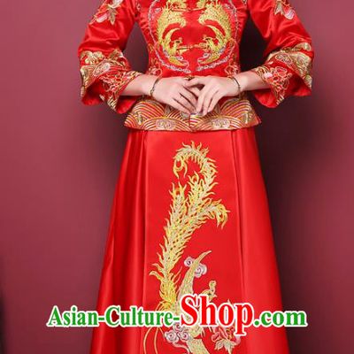 Chinese Traditional Wedding Costume, China Ancient Bride Embroidered Phoenix Xiuhe Suit Clothing for Women