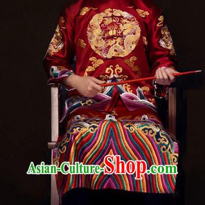 Chinese Traditional Embroidered Wedding Costume China Ancient Bridegroom Tang Suit Wine Red Gown for Men