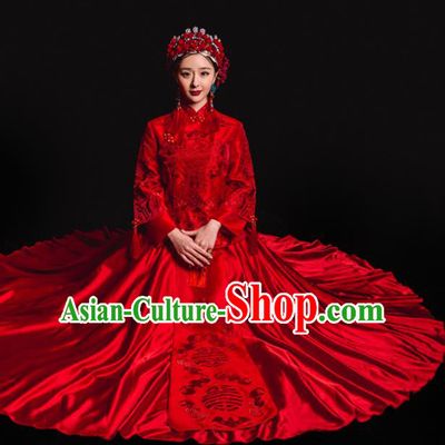 Chinese Traditional Xiuhe Suits Ancient Bride Embroidered Red Bottom Drawer Wedding Costumes for Women
