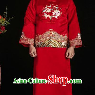 Chinese Traditional Embroidered Wedding Costume China Ancient Bridegroom Tang Suit Red Gown for Men