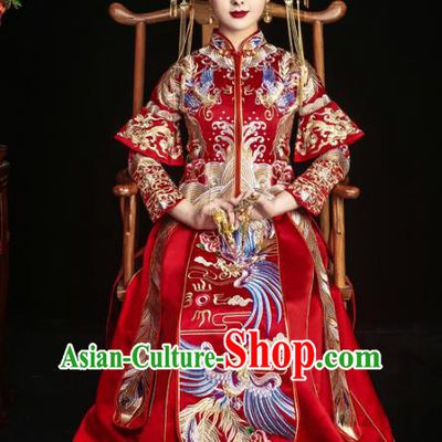 Chinese Traditional Xiuhe Suits Ancient Bride Embroidered Red Bottom Drawer Wedding Costumes for Women