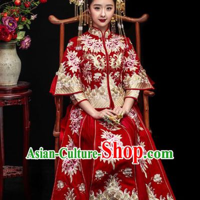 Chinese Traditional Xiuhe Suits Ancient Bride Embroidered Peony Red Bottom Drawer Wedding Costumes for Women