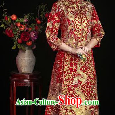 Chinese Ancient Wedding Costume Bride Embroidery Toast Clothing, Traditional Delicate Embroidered Red Xiuhe Suits for Women