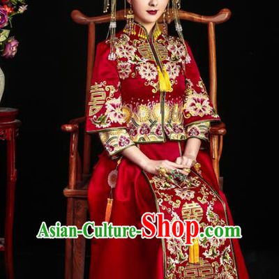 Chinese Ancient Bride Wedding Costume Embroidery Toast Clothing, Traditional Delicate Embroidered Red Xiuhe Suits for Women