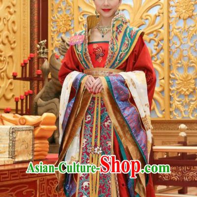 Chinese Ancient Palace Queen Hanfu Dress Tang Dynasty Empress Wang Zhen Embroidered Costumes and Headpiece Complete Set