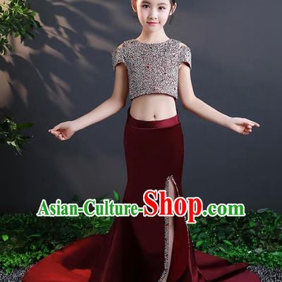 Children Stage Performance Costumes Trailing Dress Modern Fancywork Full Dress for Kids