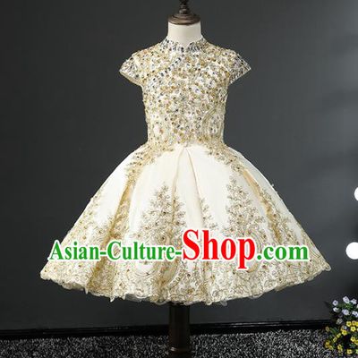 Children Stage Performance Costumes Embroidered Golden Bubble Dress Modern Fancywork Full Dress for Kids