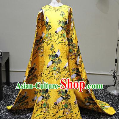 Children Stage Performance Costumes Printing Cranes Yellow Dress Modern Fancywork Full Dress for Kids