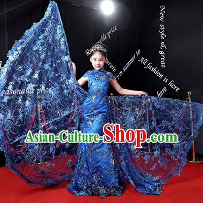 Children Stage Performance Costumes Ballroom Blue Cheongsam Modern Fancywork Full Dress for Kids