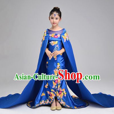 Children Stage Performance Costumes Blue Embroidered Evening Dresses Modern Fancywork Full Dress for Kids