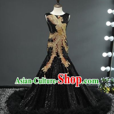 Children Stage Performance Costumes Embroidered Phoenix Black Evening Dresses Modern Fancywork Full Dress for Kids