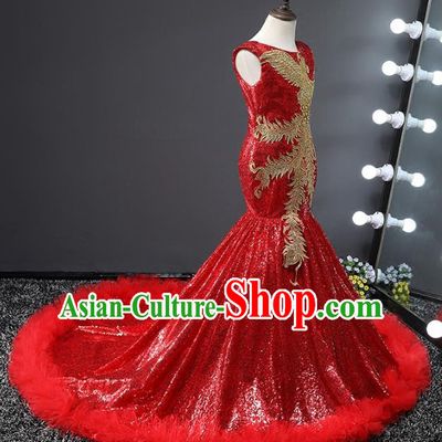 Children Stage Performance Costumes Embroidered Phoenix Red Evening Dresses Modern Fancywork Full Dress for Kids