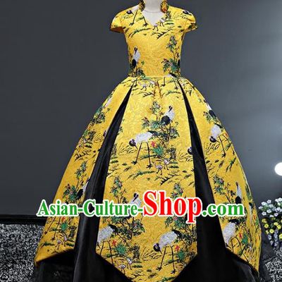 Top Grade Stage Performance Costumes Printing Cranes Bubble Dress Modern Fancywork Full Dress for Kids