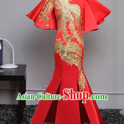 Top Grade Stage Performance Costumes Compere Red Cheongsam Modern Fancywork Full Dress for Kids