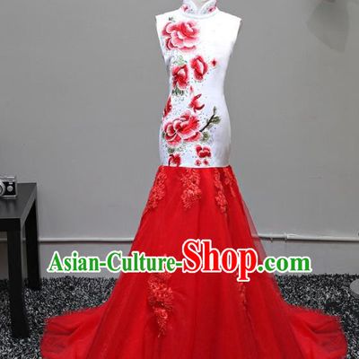 Top Grade Stage Performance Costumes Compere Cheongsam Embroidered Peony Mermaid Dress Modern Fancywork Full Dress for Kids