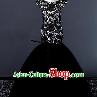 Top Grade Stage Performance Costumes Compere Black Lace Mermaid Dress Modern Fancywork Full Dress for Kids