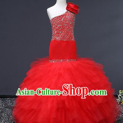Top Grade Stage Performance Costumes Baroque Princess Red Dress Modern Fancywork Full Dress for Kids