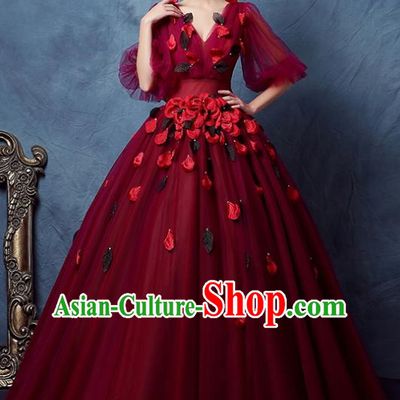 Top Grade Advanced Customization Wedding Dress Princess Dress Wine Red Bridal Veil Full Dress Costume for Women