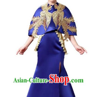 Top Grade Stage Performance Costumes Compere Royalblue Cheongsam Modern Fancywork Full Dress for Kids
