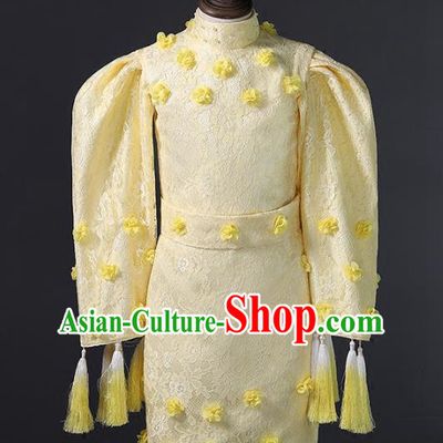 Top Grade Compere Costumes Children Stage Performance Yellow Dress Modern Fancywork Full Dress for Kids