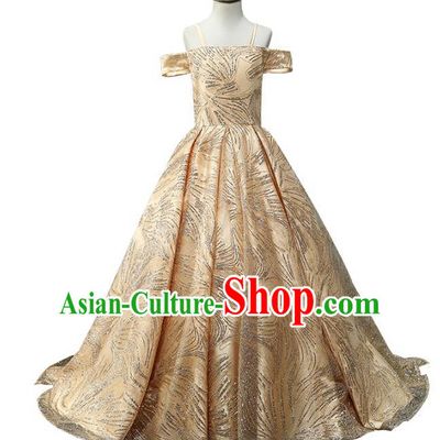 Top Grade Compere Stage Performance Costumes Children Catwalks Golden Off Shoulder Dress Modern Fancywork Full Dress for Kids