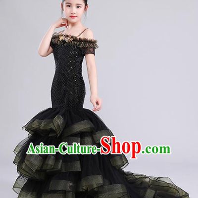 Top Grade Compere Costumes Children Black Veil Mermaid Dress Modern Fancywork Full Dress for Kids