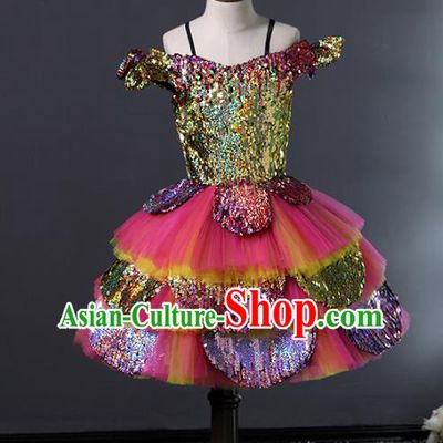 Top Grade Compere Costumes Children Rosy Veil Bubble Dress Modern Fancywork Full Dress for Kids