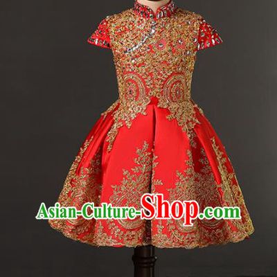 Top Grade Compere Costumes Children Red Embroidered Dress Modern Fancywork Full Dress for Kids