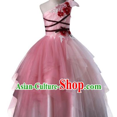 Top Grade Compere Costumes Children Pink Veil Dress Princess Dress Modern Fancywork Full Dress for Kids